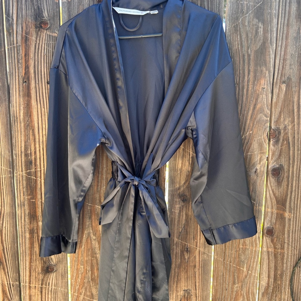 Victoria's Secret Black Satin Tie-Waist Robe